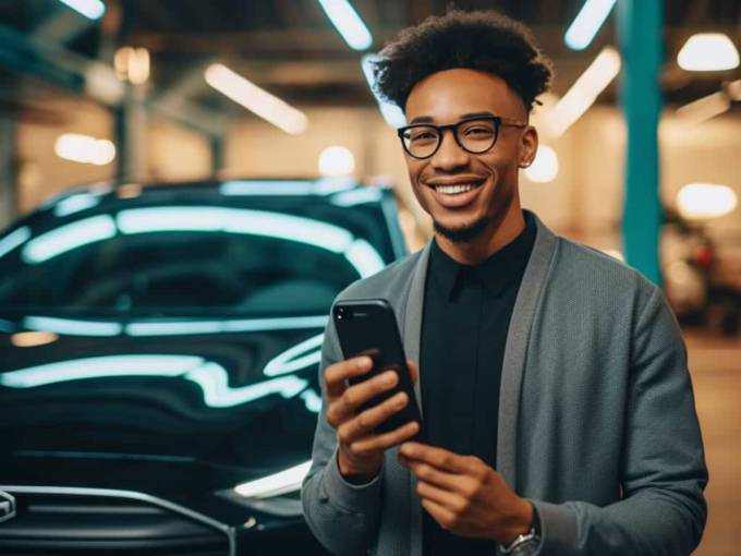 Person with smartphone in front of electric vehicle